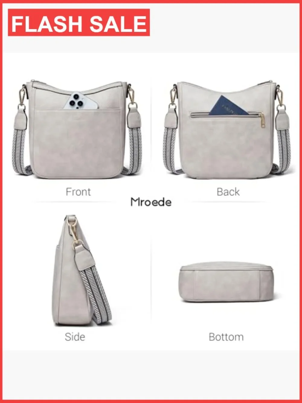 Vegan Leather Hobo Crossbody Bag with Adjustable Strap, Multi-Pockets, Zip
